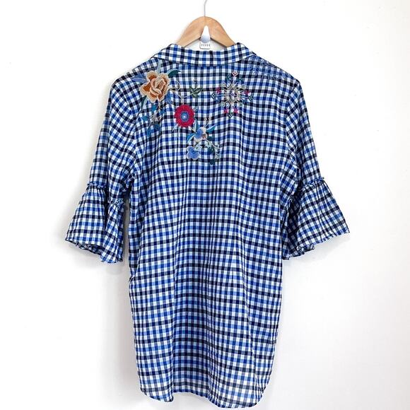 Johnny Was Taryn Ruffle Sleeve Women Tunic Size M Blue Gingham Floral Embroidery - Picture 2 of 8